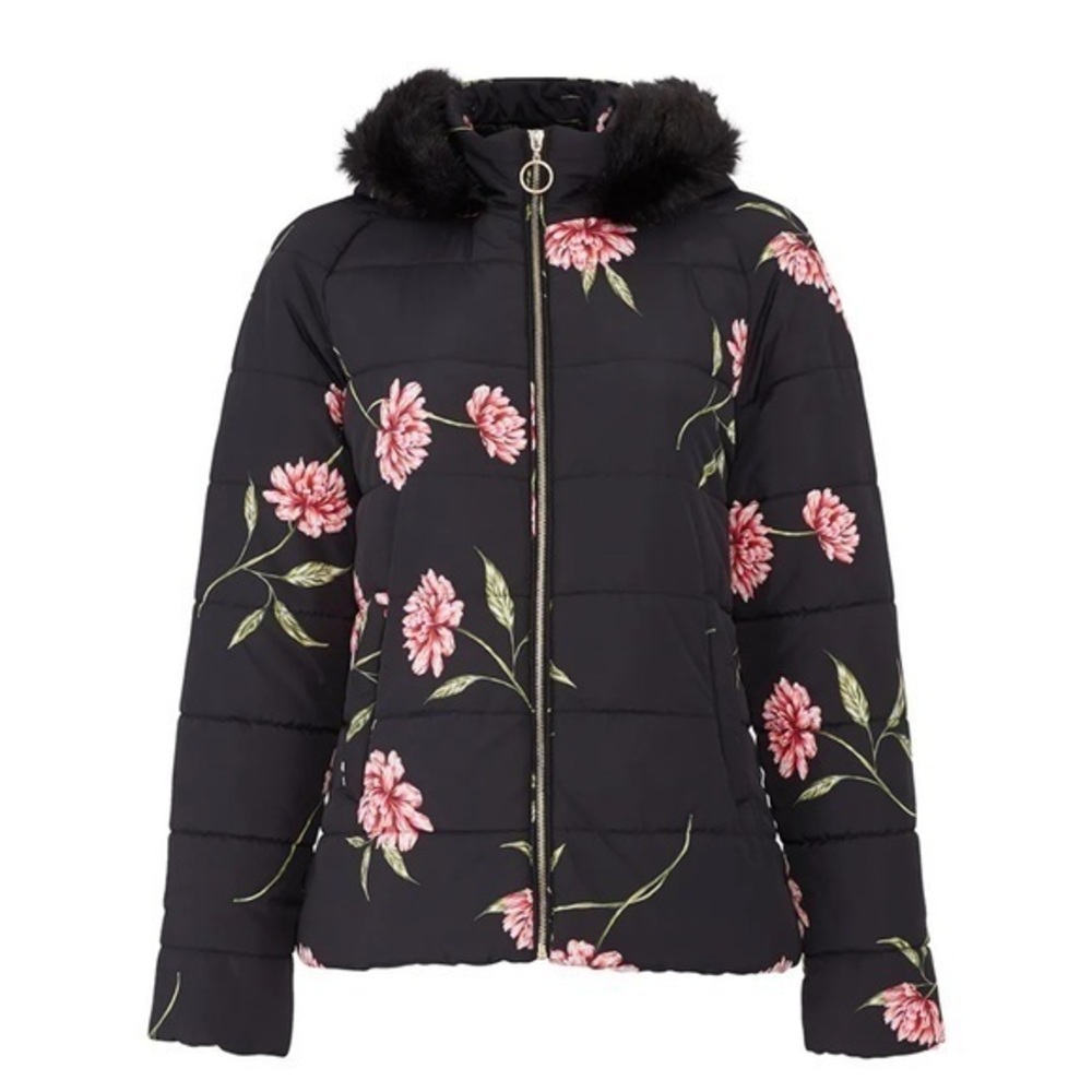 Show Me Your Mumu Floral Alpine Puffer Coat in Black, Size S Small